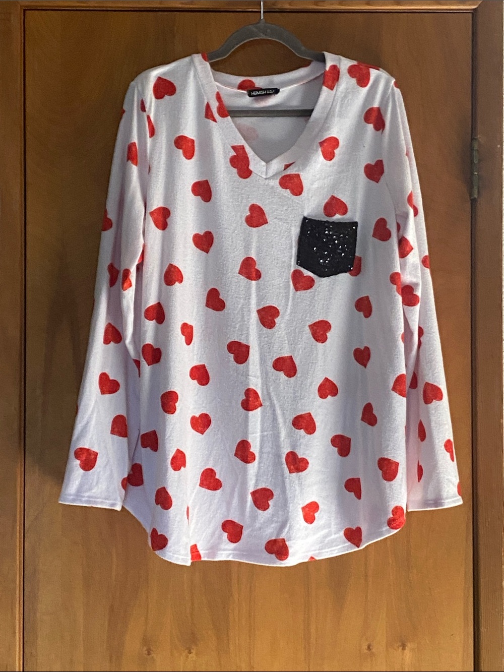 HEIMISH USA White Long Sleeve Top with Red Heart Print and Black Sequin Pocket